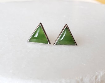 Emerald Green Nephrite Jade Triangle Stud Earrings, Dainty Triangle Studs, Everyday Silver Jade Studs, Gift for Mom, Modern Jade Earrings