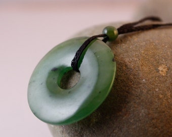 Nephrite Jade Donut Pendant Necklace: Hand Carved Good Luck Charm