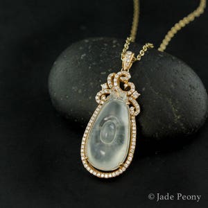 Icy Sage Green Jadeite Ru-Yi Pendant: 18kt Gold Diamond Halo