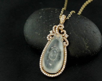 Type A Natural Sagge Green Icy Jadeite Ru-Yi Pendant, 18kt Gold, Imperial Jadeite Pendant