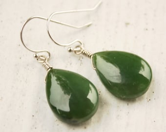 Sterling Silver Nephrite Jade Teardrop Dangle Earrings