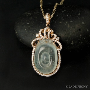 Icy Jadeite Ru-Yi Necklace: 18KT Rose Gold Diamond Halo