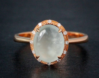 Icy Jadeite Ring, 18KT Rose Gold, Halo Diamonds