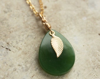 Nephrite Jade Necklace - Teardrop - Gold Feather