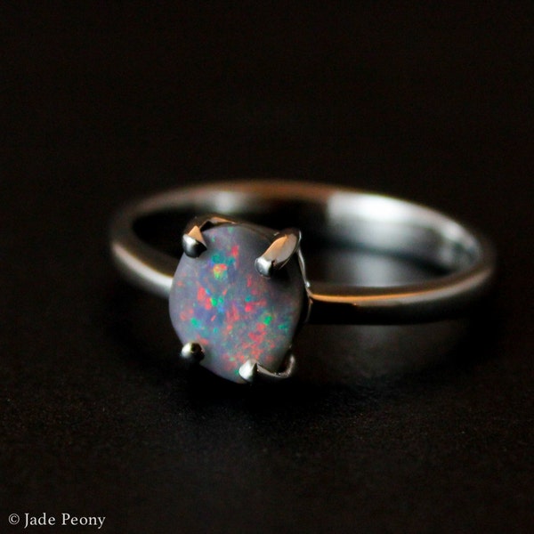 Solid Black Australian Opal Ring - Gemstone Ring - Prong Setting - October Birthstone