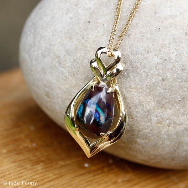 Dark Purple, Midnight Blue Opal Necklace- Austrlian Boulder Opal Necklace- Gold Pendant