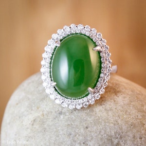 AAA Nephrite Jade Ring: Diamond Halo, 18KT White Gold