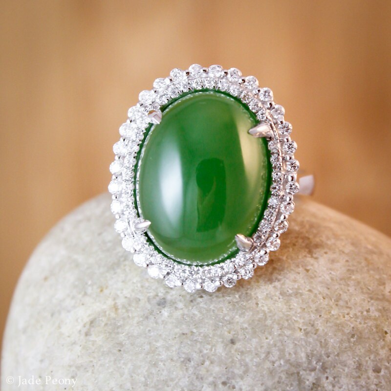 AAA Nephrite Jade Ring: Diamond Halo, 18KT White Gold