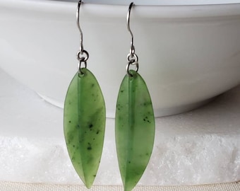 Carved Green Jade Leaf Earrings, Nephrite Jade Leaf Earring, 35th Anniversary Gift, Healing Heart Chakra