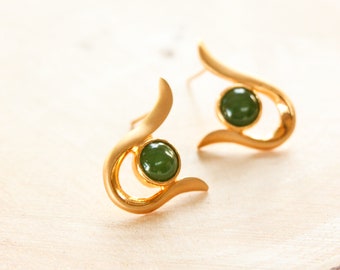 Yellow Gold Modern Round Green Jade Stud Earrings, Canadian Nephrite Jade Earrings, Simple Green Studs, 35th Anniversary Gift