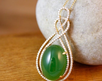 Lucky Green Jade Pendant, Pave Diamond, Solid 18KT Yellow Gold, Twisted Pendant