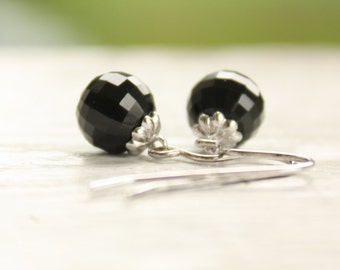 Black Jade Bead Earrings, Faceted Balls, Drop Earrings, Dark Glamour, Black Jade Nephrite