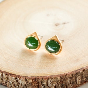 Yellow Gold Oval Green Jade Stud Earrings, Natural Nephrite Jade Oval Stud Earrings, Anniversary Gift, Good Luck Earrings, Gift for Mom