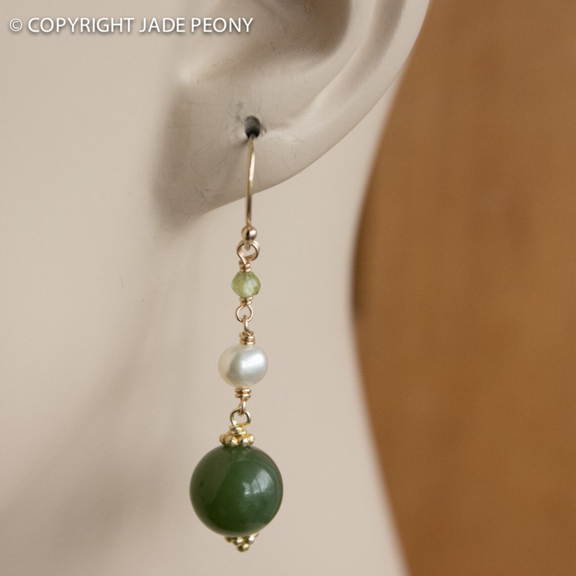 Green Nephrite Jade Pearl Earrings with Peridot Beads 14KT Etsy