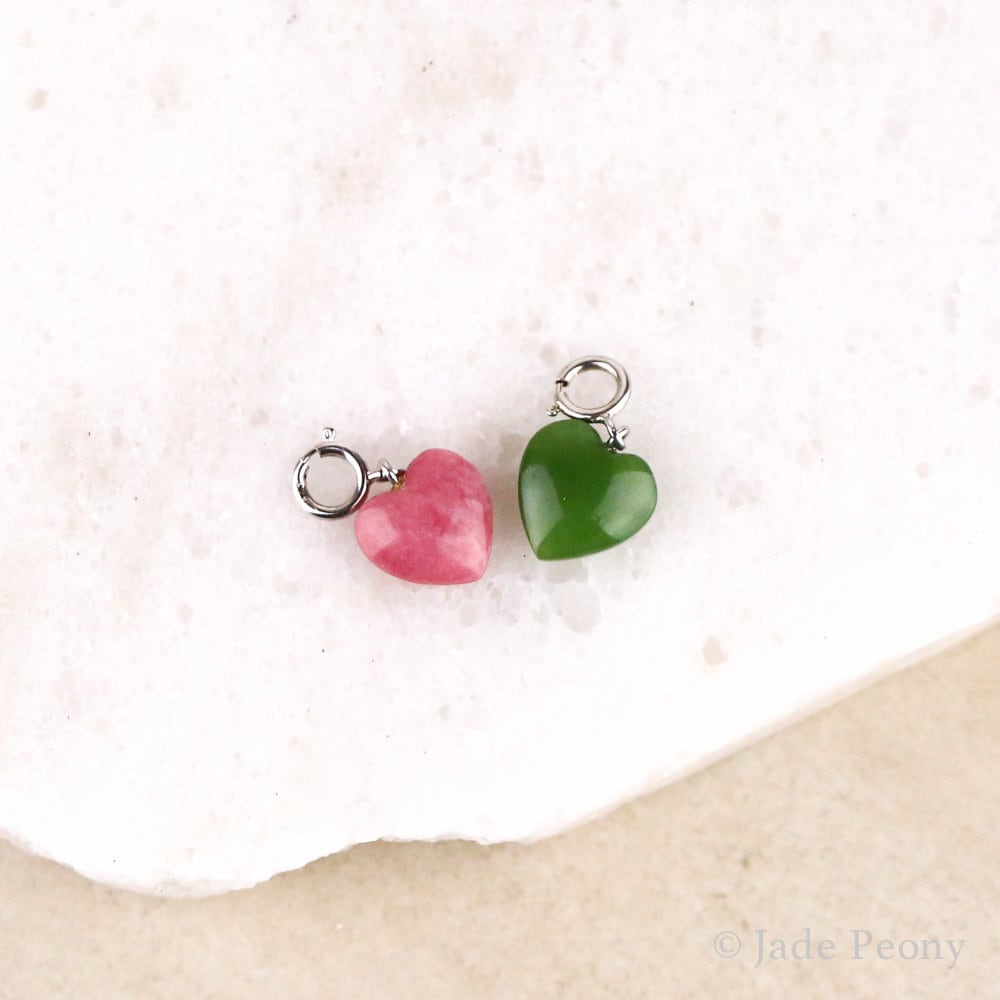 Hand Carved Jade Heart Charm Necklace, Pink Rhodonite Heart