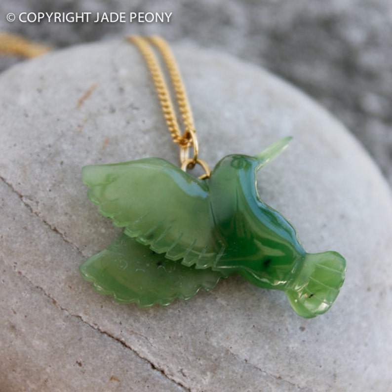 Gold Jade Hummingbird Necklace, Genuine Jade Bird Pendant image 3