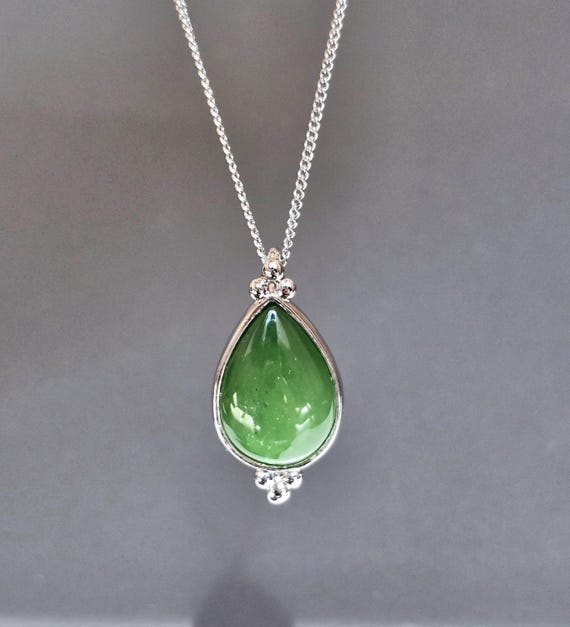 Silver Plated Nephrite Jade Pear Pendant Necklace