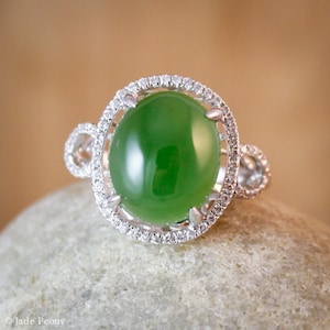 Diamond Halo Nephrite Jade Ring: 18KT White Gold Engagement Ring