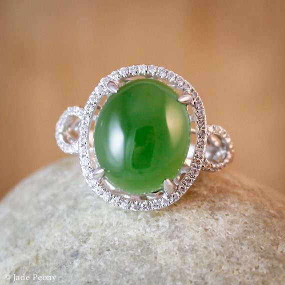 Diamond Halo Nephrite Jade Ring: 18KT White Gold Engagement Ring