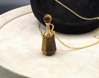 Tiger's Eye Elixir Vial Necklace - Faceted Crystal Perfume Bottle Pendant