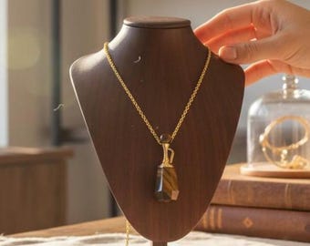 Tiger's Eye Elixir Vial Necklace - Faceted Crystal Perfume Bottle Pendant