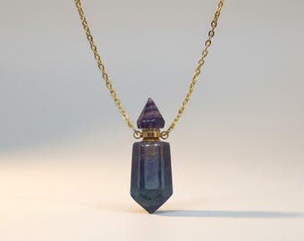 Mini Fluorite Perfume Bottle Necklace • Green or Purple Fluorite • Genuine Crystal • Wearable Aromatherapy