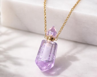 Lavender Amethyst Crystal Perfume Bottle Necklace, Gold Chain, Aromatherapy Jewelry