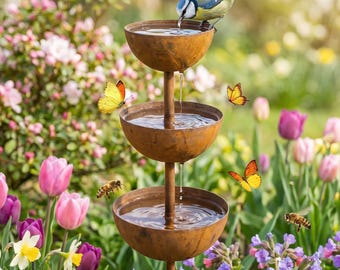Regenfänger Vogeltränke Gartenstecker 70 cm Rustikal Metall Bestäuber Wasserschale Outdoor Gartendeko