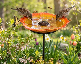 Orange Blumen Vogeltränkestecker Gartendeko | Vogeltränke Vogeltränke | Metall Hof Terrasse Dekor | Vogel-Liebhaber-Geschenk