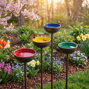 Può includere: Quattro colorati bagni per uccelli in un giardino. Ogni bagno ha un colore diverso: rosso, giallo, blu e verde. Sono presenti una farfalla e delle api. I bagni sono su supporti in metallo marrone, circondati da fiori e verde.
