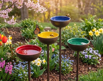 Biene Wasserstation Pfahl mit Bestäuber Wassernapf für Schmetterlinge und Kolibris Futter Gartendeko Wildtier Wasserschale Geschenk