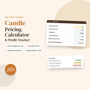 Puede incluir: Una plantilla de hoja de cálculo digital para calcular precios y rastrear ganancias de velas. La interfaz muestra desgloses de costos de materiales, mano de obra y tarifas de Etsy. Incluye una sección de verificación de precios.