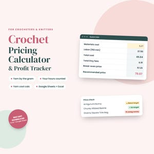 Op de afbeelding: Een digitale spreadsheet-interface voor een Crochet Pricing Calculator and Profit Tracker. Het toont kostenoverzichten inclusief materialen, arbeid en vergoedingen, naast een prijscontrolelijst voor items zoals Amigurumi Bunny en Chunky Ribbed Beanie.