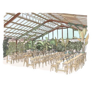 Puede incluir: Ilustración de una recepción de boda en un invernadero. Largas mesas de madera están dispuestas con caminos de mesa blancos, flores y cristalería. Sillas de madera se colocan alrededor de las mesas. La vegetación rodea el espacio.