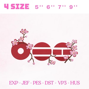 May include: A red design with a white center and horizontal lines, adorned with pink cherry blossoms. The text "4 SIZE 5" 6" 7" 9"" is at the top, and "EXP - JEF - PES - DST - VP3 - HUS" is at the bottom.