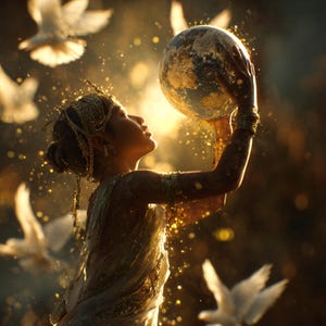 May include: A woman in a flowing gown holds a glowing globe, surrounded by doves. The image is bathed in golden light, with sparkling particles. The woman wears ornate headwear and bracelets, creating a celestial and ethereal scene.
