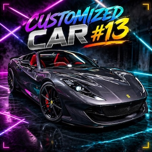 Peut inclure: Une voiture de sport grise foncée avec un intérieur rouge. L'image présente le texte "CUSTOMIZED CAR #13" dans un style néon. La voiture a des roues noires avec des étriers de frein rouges, dans un environnement éclairé au néon.
