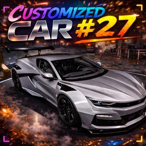 Peut inclure: Une voiture argentée personnalisée avec des détails noirs et un aileron arrière. Le texte "CUSTOMIZED CAR #27" est affiché dans une police dégradée. La voiture a des roues noires et se détache sur un fond sombre et enfumé.
