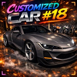 Peut inclure: Une voiture de sport grise avec le texte "CUSTOMIZED CAR #18" dans une police de style néon. La voiture a un design élégant avec des jantes argentées et est entourée d'un effet enfumé. Des motos sont visibles en arrière-plan.