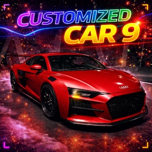 Peut inclure: Une voiture de sport rouge avec des roues et des détails noirs. Le texte "CUSTOMIZED CAR 9" est affiché en haut. La voiture a un design élégant et un aileron arrière, sur un fond étoilé.