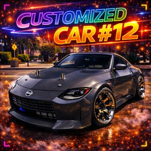Peut inclure: Une voiture de sport gris foncé avec le texte "CUSTOMIZED CAR #12" dans un design néon. La voiture a des jantes personnalisées et est garée sur une surface mouillée, avec des lumières de la ville en arrière-plan.