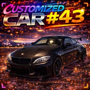Peut inclure: Une voiture noire personnalisée avec le texte "CUSTOMIZED CAR #43" dans une police colorée et lumineuse. La voiture a un design élégant avec des jantes noires et un aileron arrière, sur un fond flou de lumières.