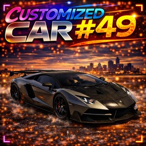 Peut inclure: Une voiture de sport grise foncée avec des roues noires et des étriers de frein rouges est présentée devant une ligne d'horizon urbaine au crépuscule. L'image comprend le texte "CUSTOMIZED CAR #49" dans une police multicolore, suggérant un service de conception de voitures personnalisées.