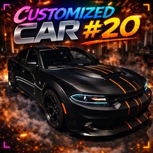 Peut inclure: Une voiture noire avec des rayures orange et le texte "CUSTOMIZED CAR #20". La voiture a un design élégant avec des jantes noires et se détache sur un fond enflammé.