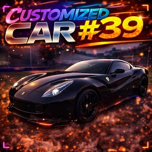 Peut inclure: Une voiture de sport noire avec le texte "CUSTOMIZED CAR #39". La voiture a des lignes épurées et se détache sur un fond flou avec des reflets orange et jaune. Le design de la voiture est moderne.