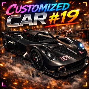 Peut inclure: Une voiture de sport noire avec des détails blancs et le texte "CUSTOMIZED CAR #19" en lettres colorées. Le numéro "001" est affiché en rose sur le devant de la voiture.