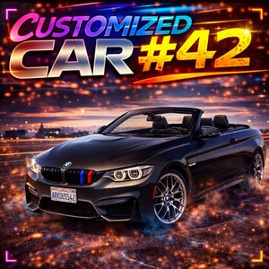 Peut inclure: Une voiture décapotable noire avec le texte "CUSTOMIZED CAR #42" dans une police colorée et stylisée. La voiture a une plaque d'immatriculation et se détache sur un fond flou de lumières de la ville et d'un coucher de soleil.
