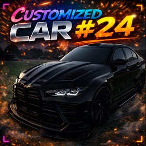Pode incluir: Um carro preto personalizado com o texto "CUSTOMIZED CAR #24" em uma fonte colorida e brilhante. O carro tem um design elegante com faróis visíveis e um perfil baixo. O fundo apresenta uma paisagem desfocada com faíscas.