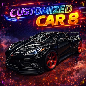Peut inclure: Une voiture de sport noire avec des jantes rouges est présentée dans cette image. La voiture a une finition brillante et se détache sur un fond vibrant et coloré avec le texte "CUSTOMIZED CAR 8" en lettrage néon. Le thème général est l'automobile.
