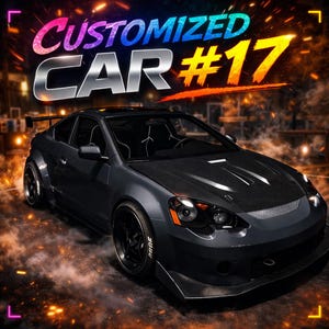 Peut inclure: Une voiture personnalisée gris foncé avec le texte "CUSTOMIZED CAR #17" dans une police colorée et stylisée. La voiture a un capot noir, un aileron et des jantes noires. L'arrière-plan a un effet flou et enflammé.